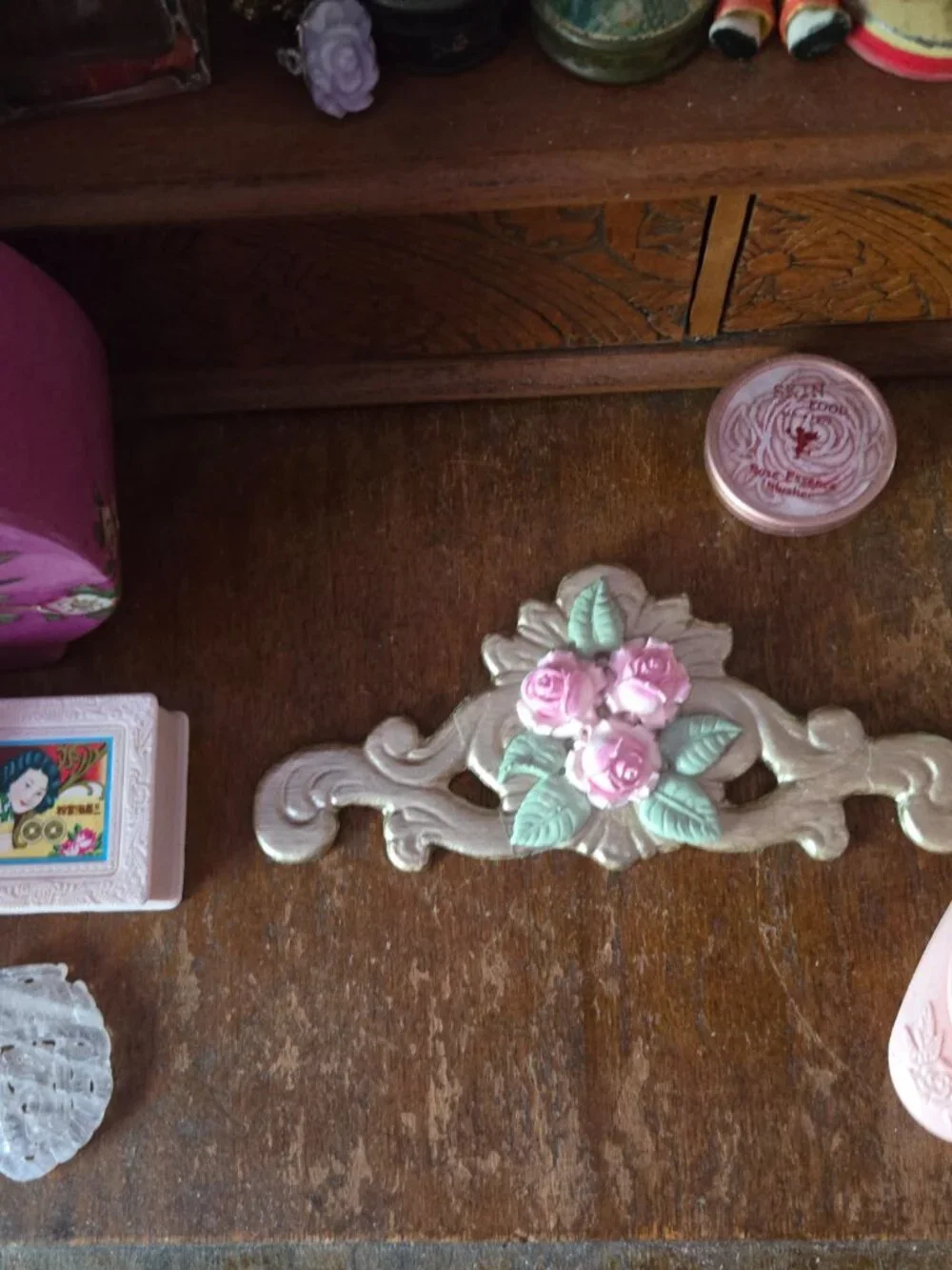 Pink Rose Wall Decor Gold Scrollwork Cottagecore Vintage-Style